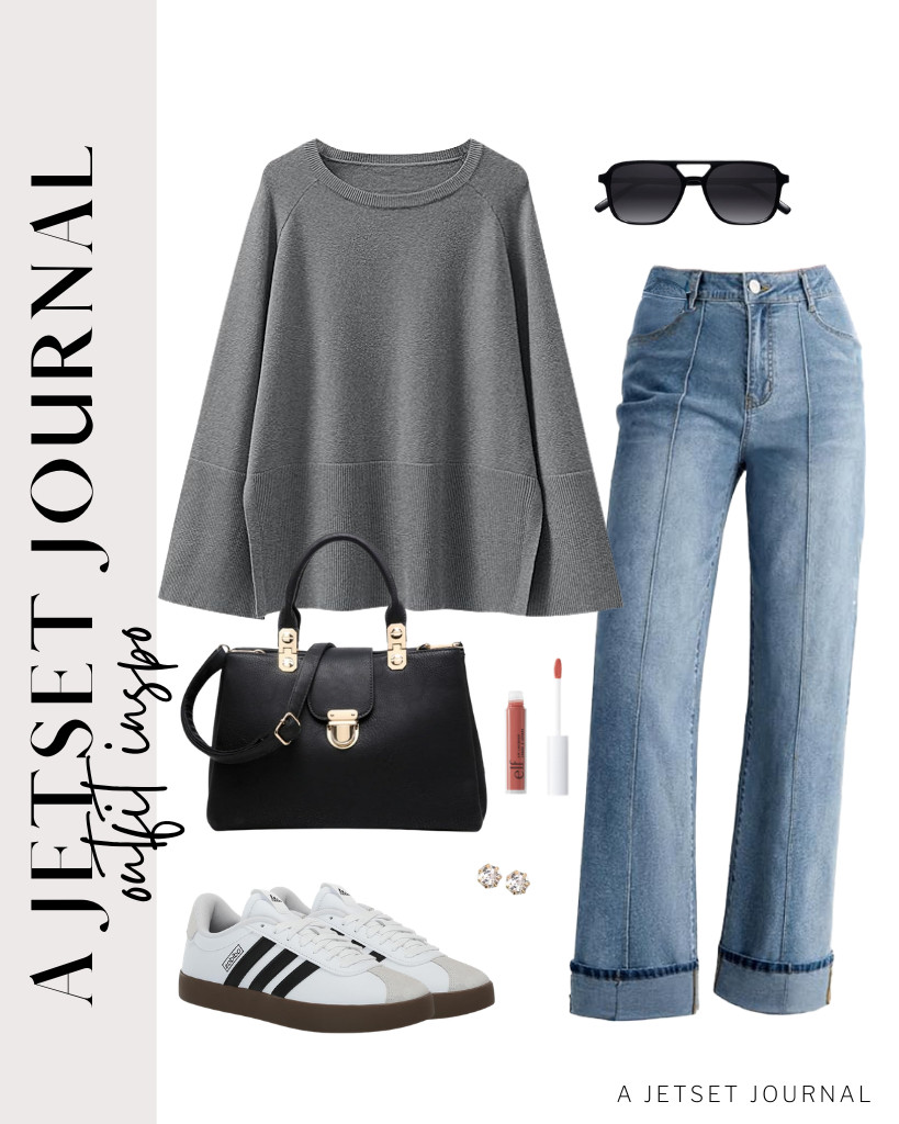 For the next outfit, wear cuffed jeans with a gray oversized sweatshirt. Add a satchel handbag and Adidas VL Court sneakers, then wear stud earrings to complete this look. 

 #LTKSeasonal #LTKSaleAlert #LTKTravel