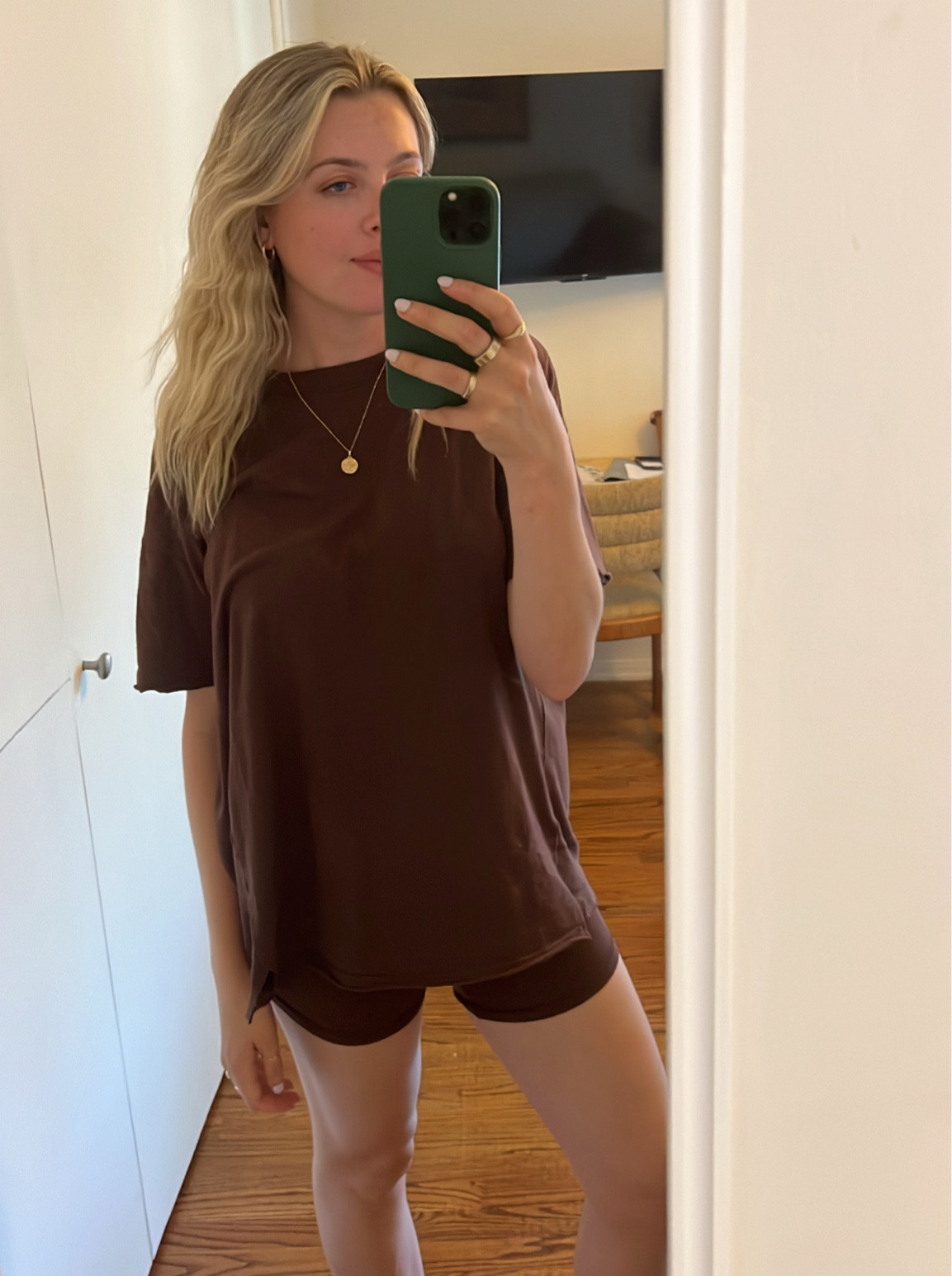 comfy oversized tee and biker shorts set from aerie in brown! shirt runs really large so go true to size or if you’re in between, definitely size down! 

#LTKFindsUnder50 #LTKFitness #LTKActive