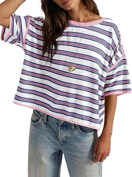 Tankaneo Womens Oversized Striped T-Shirts Summer Casual Color Block Short Sleeve Tops Drop Shoul... | Amazon (US)