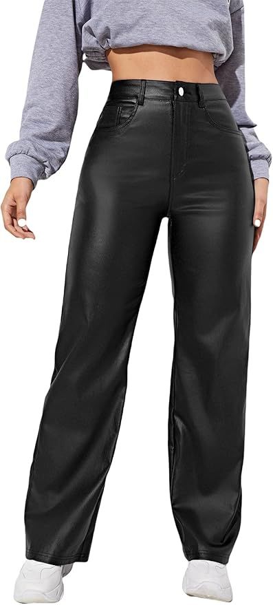 MakeMeChic Women's High Waist Pockets Straight Leg Jeans Leather Look Pants Black XL at Amazon Wo... | Amazon (US)