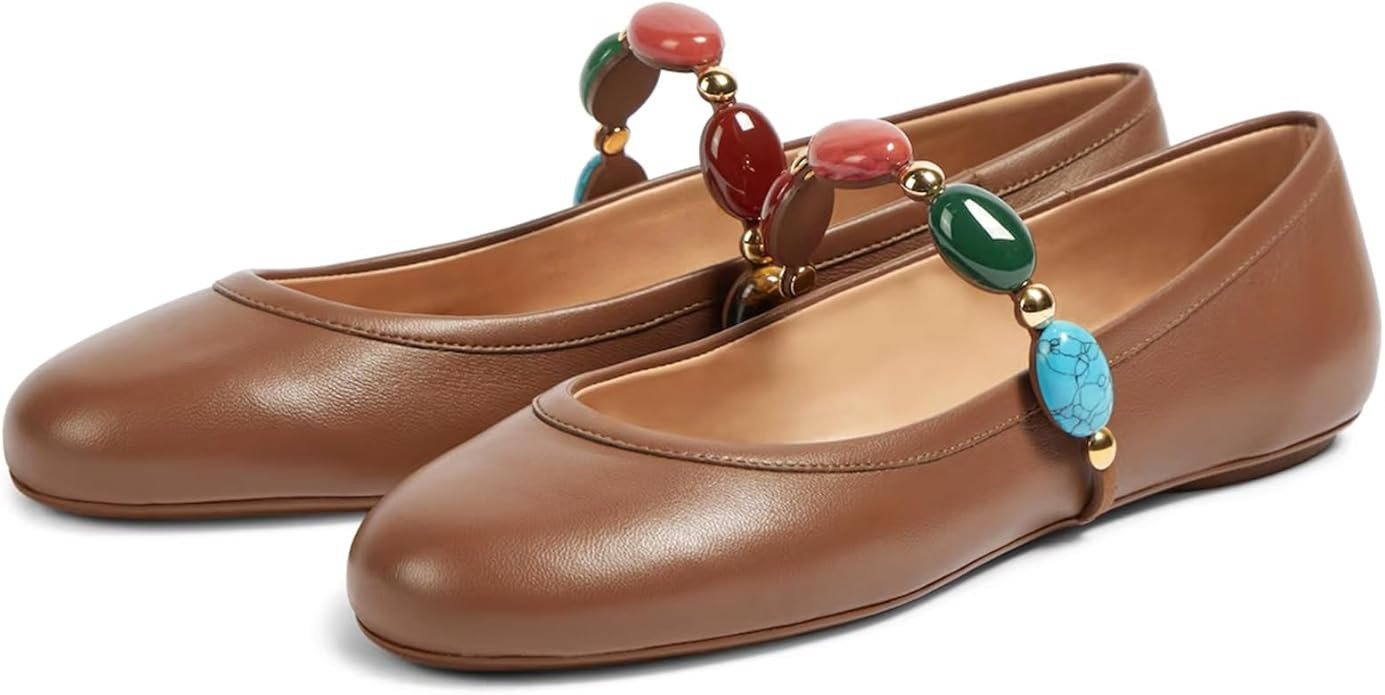 Mary Jane Shoes for Women Leather Ballet Flats with Gemstones Strap Round Closed Toe Ballerina Ca... | Amazon (US)
