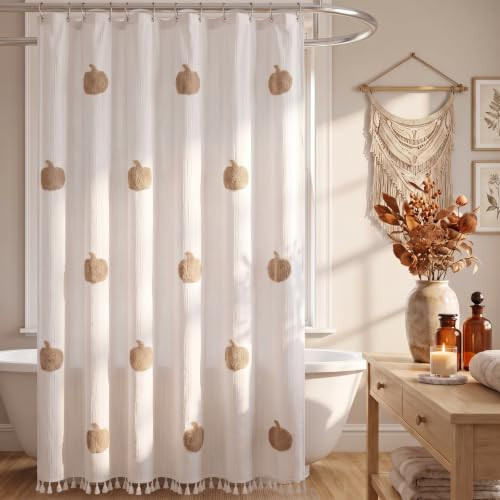 Mindsoft Halloween Pumpkin Shower Curtain, 72 x 72 Inch Cotton Spooky Cute Pumpkin Shower Curtain with 12 Hooks for Fall Thanksgiving Halloween Bathroom Bathtub Vintage Gothic Horror Decor(White) | Amazon (US)