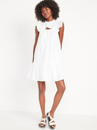 Flutter-Sleeve Cotton-Poplin Smocked Cut-Out Mini Swing Dress for Women | Old Navy (US)