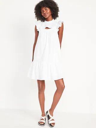 Flutter-Sleeve Cotton-Poplin Smocked Cut-Out Mini Swing Dress for Women | Old Navy (US)