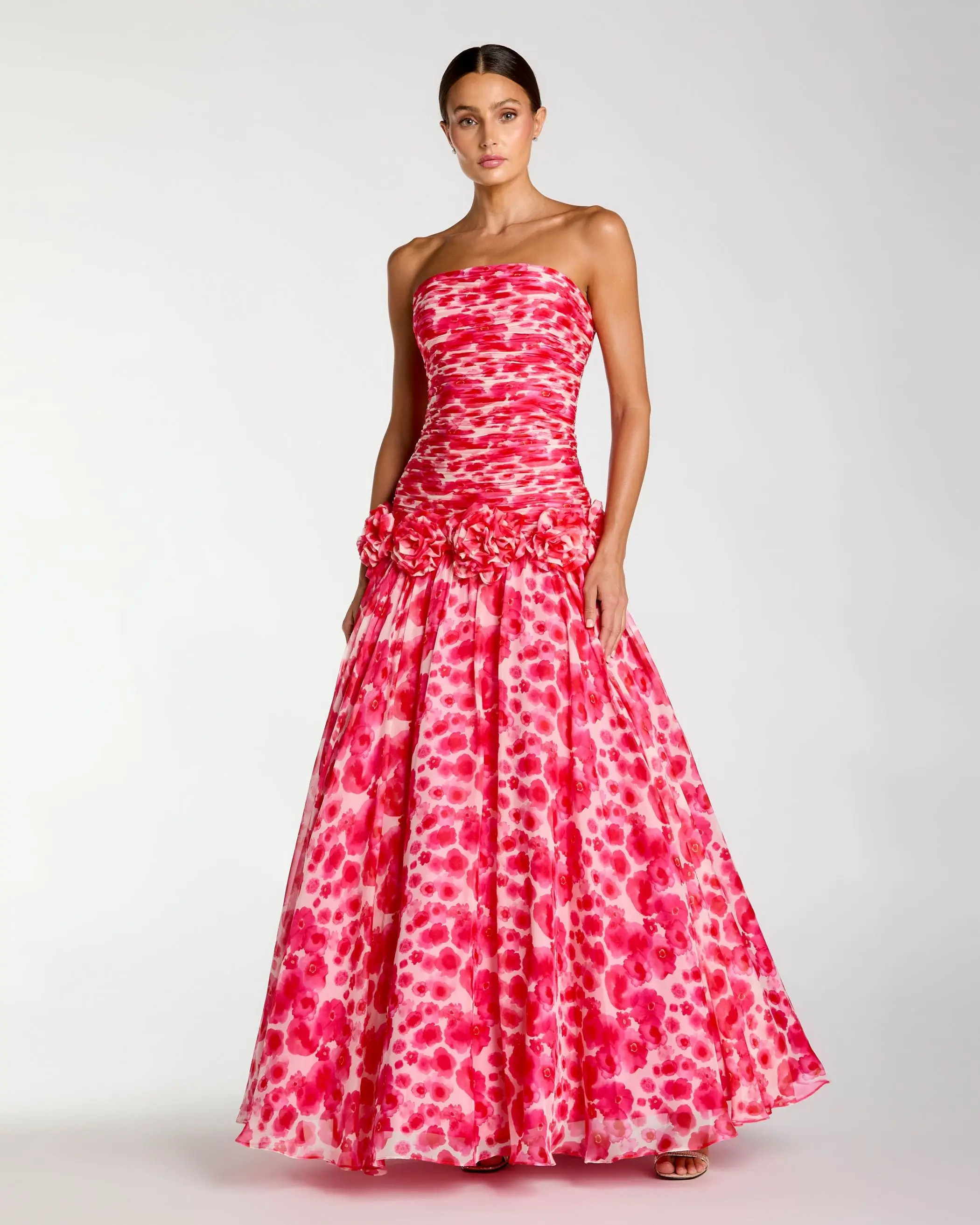 Pink Strapless Chiffon Ball Gown With 3D Flowers | Mac Duggal | Mac Duggal