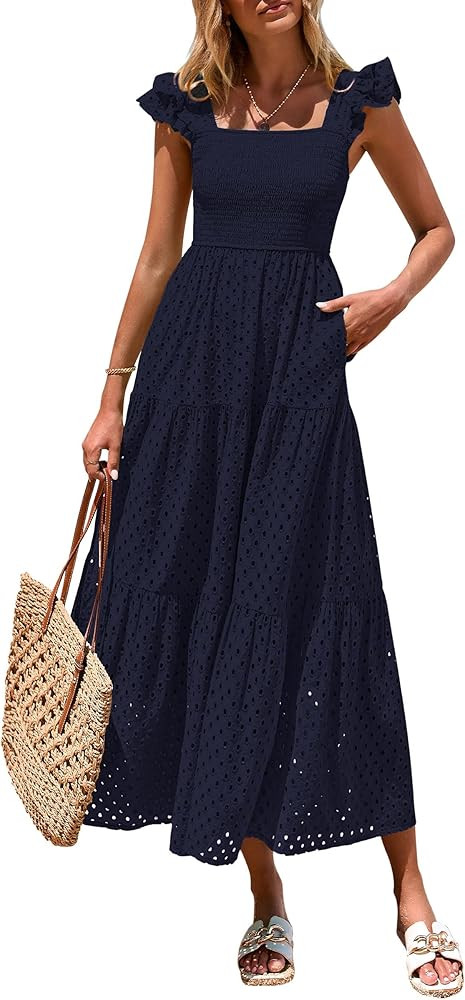 PRETTYGARDEN Womens Summer Square Neck Maxi Dresses Cap Sleeve Eyelet Smocked Tiered A Line Flowy... | Amazon (US)