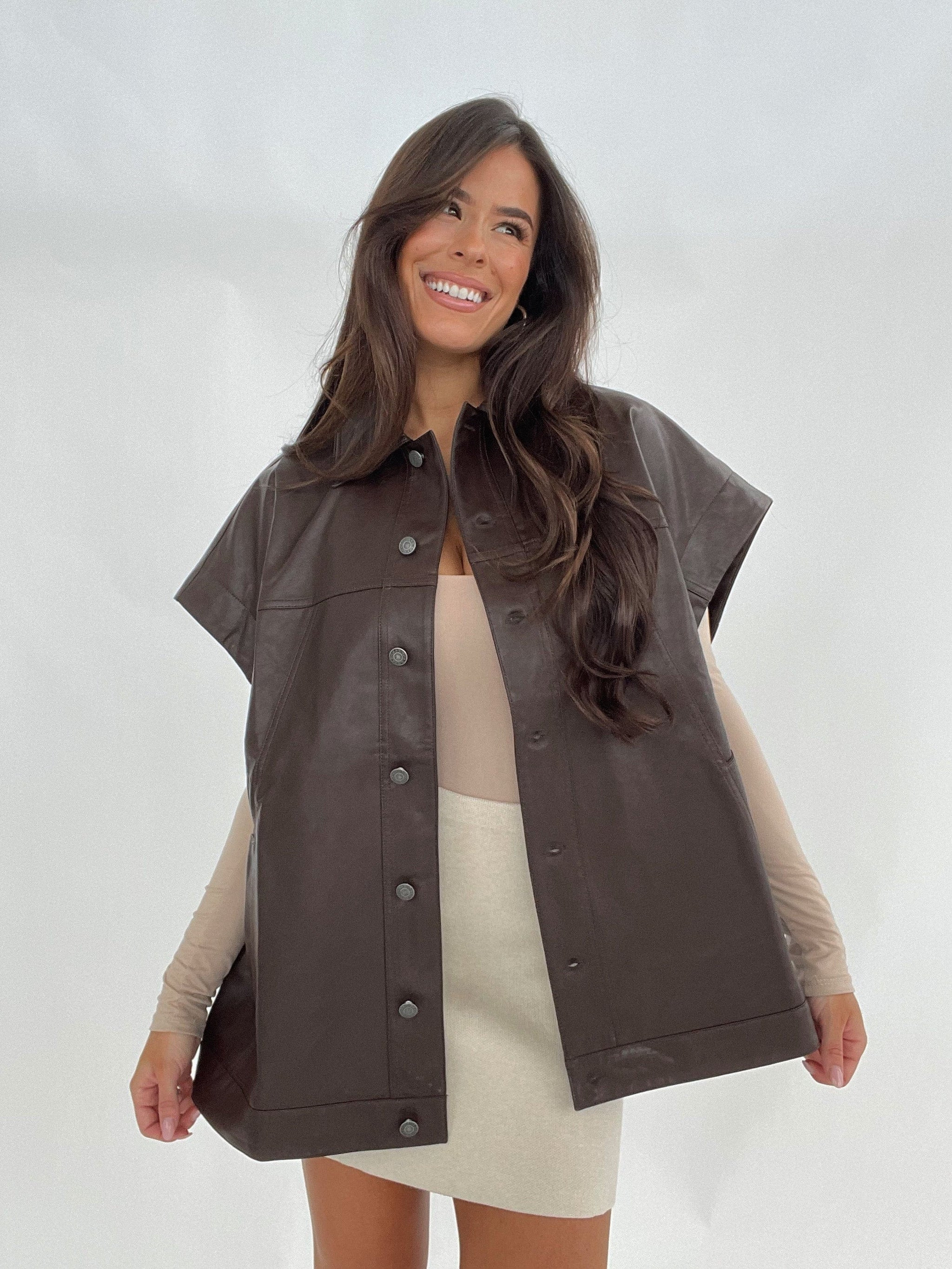 Brown Oversized Leather Vest | Lane 201 Boutique