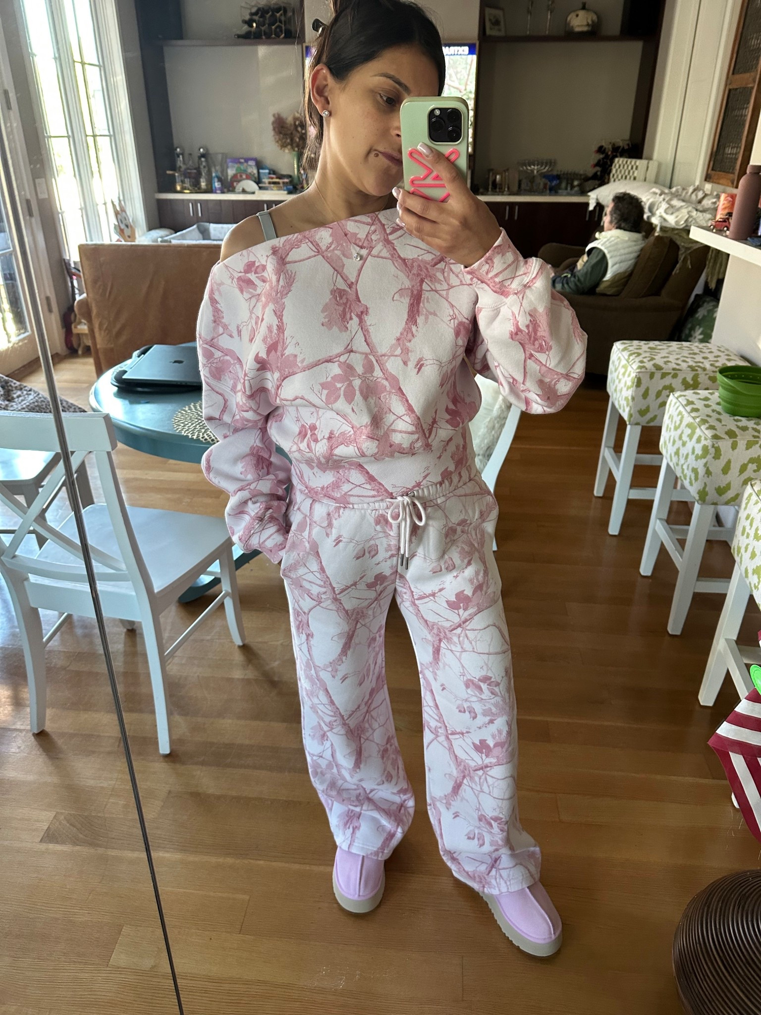 Obsessed with this pink camo set. It has been so cozy postpartum. Wearing xxs pants in short length and xs top. 

#LTKmomlife #LTKootd