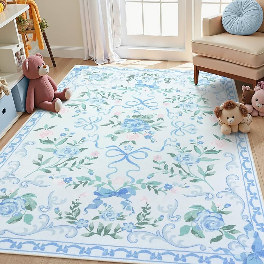 Collive 4x6 Rugs for Bedroom Girls, Boho Blue Floral Washable Area Rug Non Slip, Soft Indoor Deco... | Amazon (US)