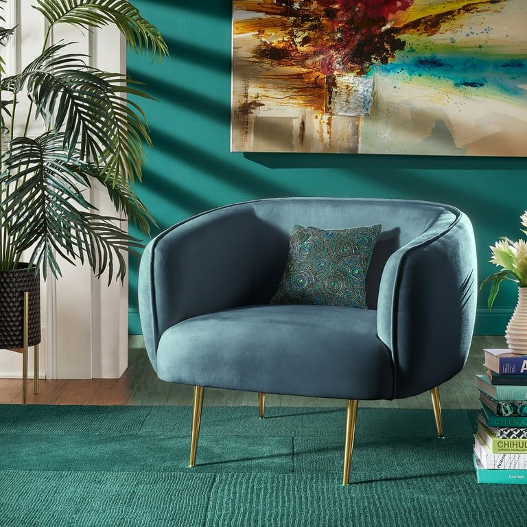Ember Interiors Cuno Brass Finish Velvet Upholstered Accent Chair, Dark Blue | Walmart (US)