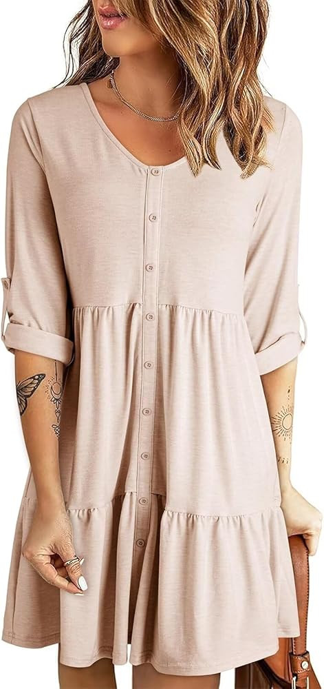 Dokotoo Dresses for Women 2024 Long Sleeve V Neck Knitted Button Down Elastic Waist Ruffle Tiered... | Amazon (US)