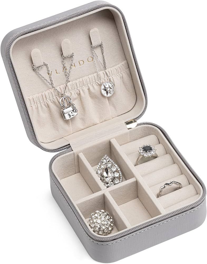 Vlando Travel Jewelry Box, Small Jewelry Travel Organizer Case for Girls Women - Grey | Amazon (US)