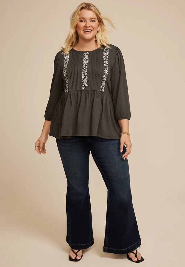 Plus Size Embroidered Pintuck Peplum Blouse | Maurices