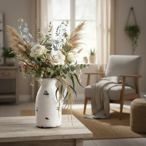 hjn Farmhouse Pitcher Vase for Flowers- Ceramic Pitcher Vase Decrative Pitchers for Your Kitchen/Home Decor/Office/Living Room/Bookshelf/Mantel/-White and Antique | Amazon (US)