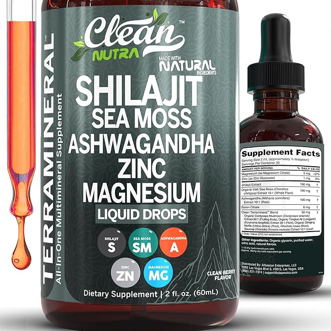 Clean Nutraceuticals Shilajit Liquid Drops with Sea Moss, Ashwagandha, Zinc, Magnesium, Liquid Vi... | Amazon (US)