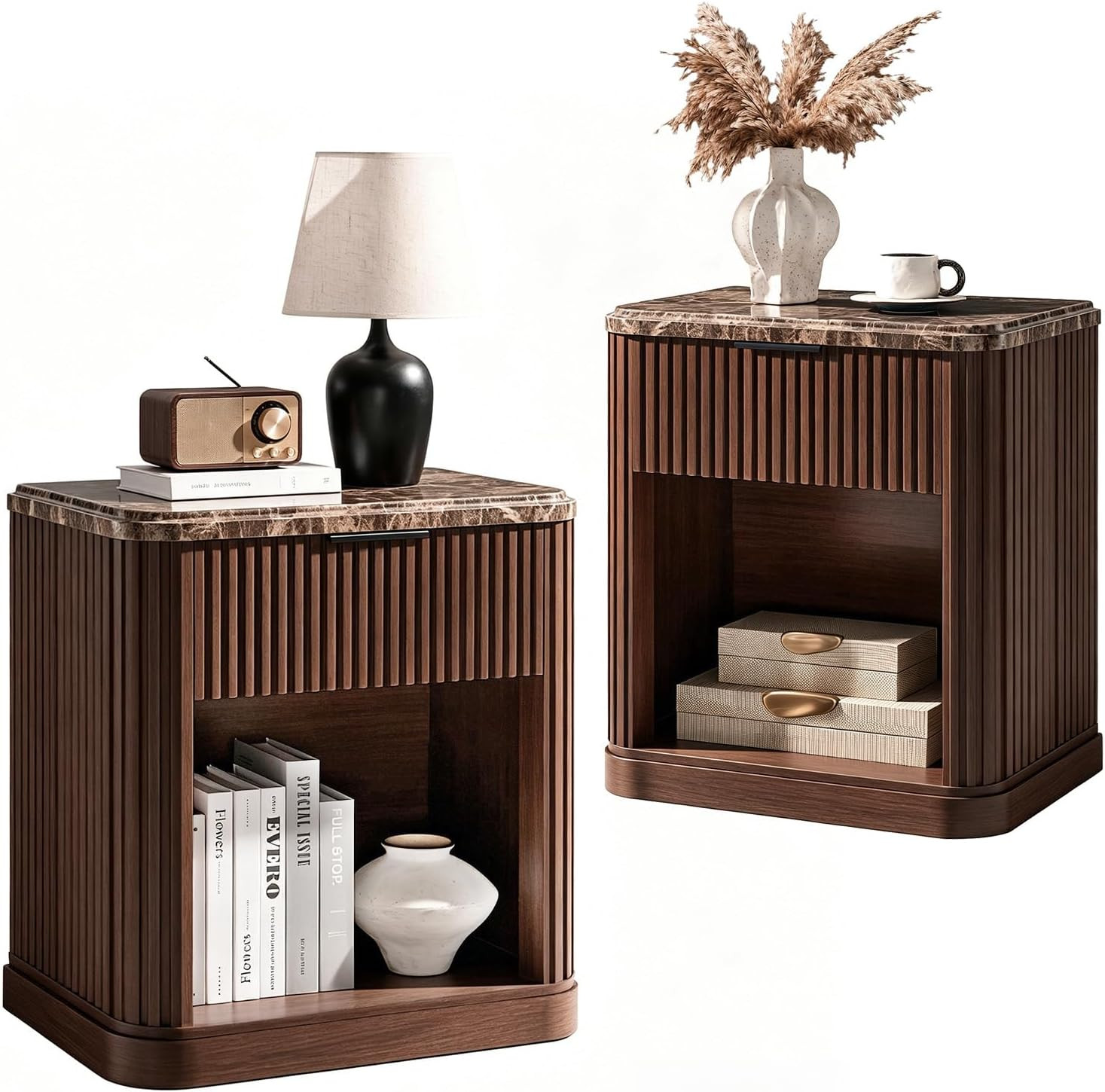 Modern Fluted Nightstand Set of 2 with Charging Station, Faux Marble Top | Amazon (US)