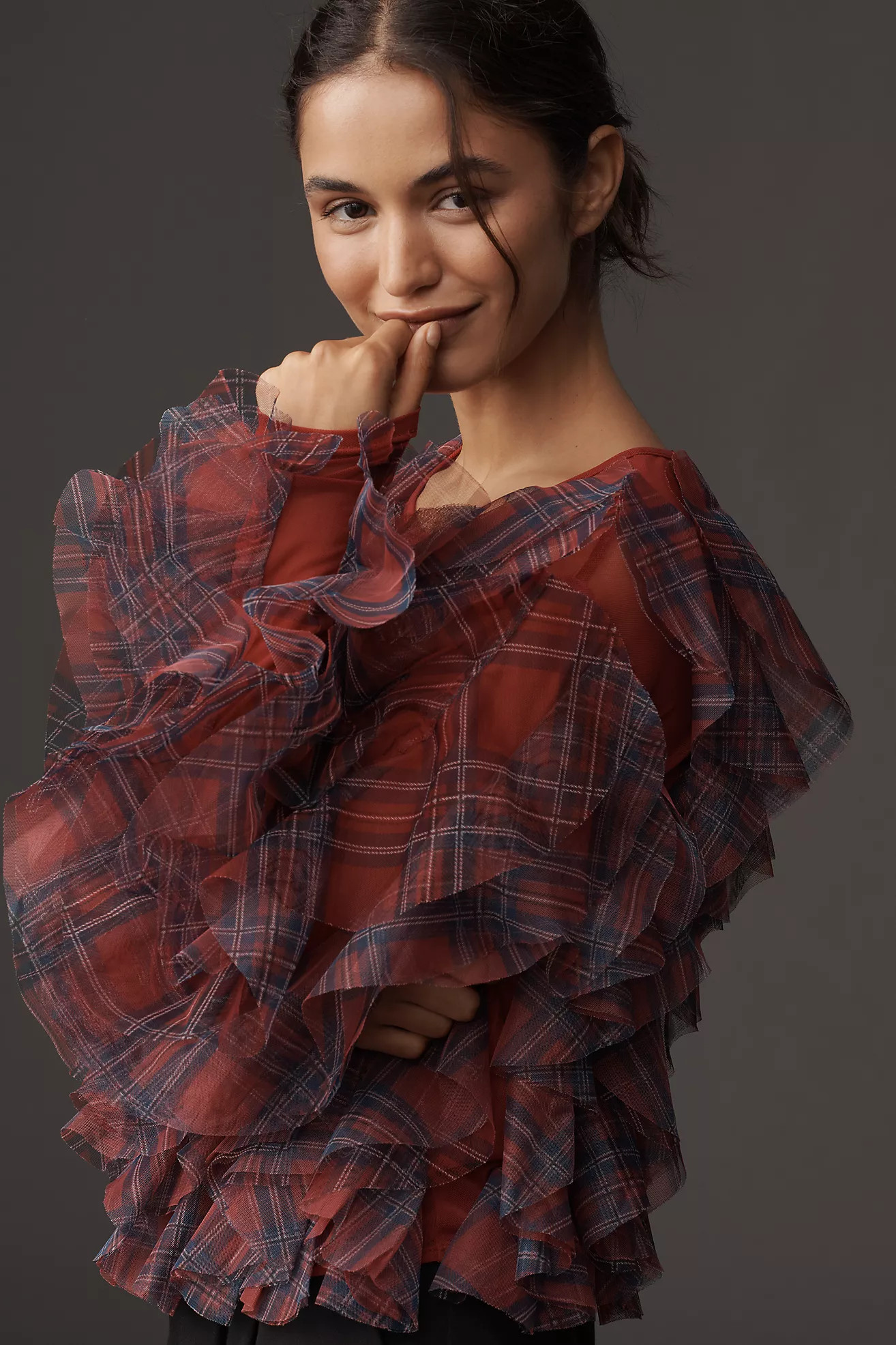 Dolan Left Coast Ruffle Plaid Crew-Neck Blouse | Anthropologie (US)