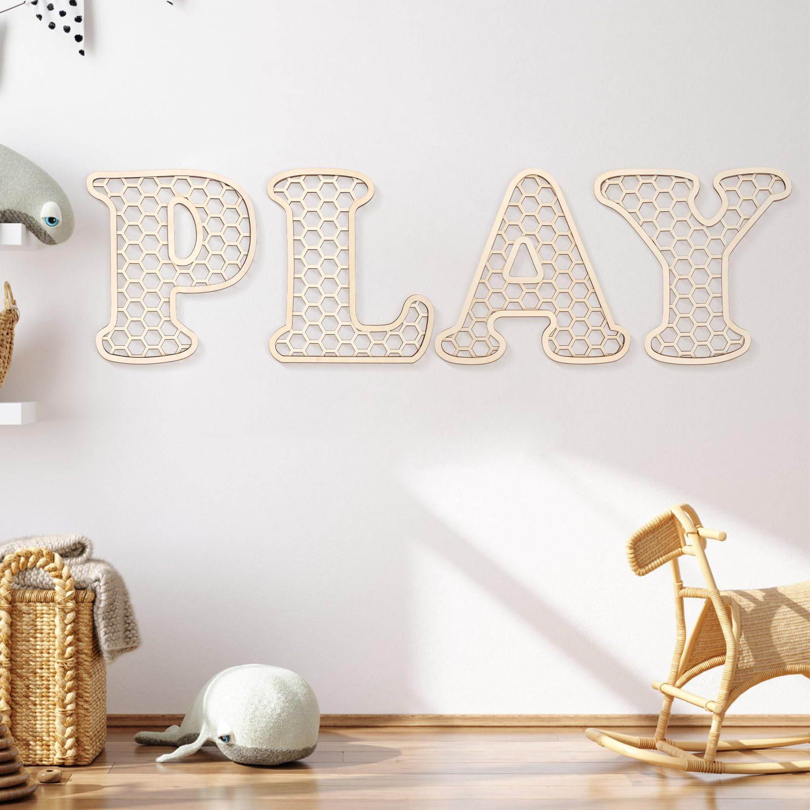 Play Sign - 12 In Wooden Rattan Letters Playroom Sign, Playroom Wall Decor for Toddler Girls Boys... | Amazon (US)