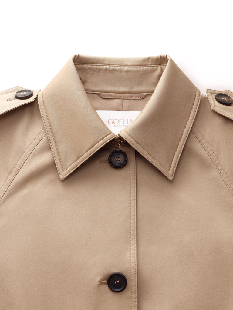 Cotton Self-Tie Belt Women Long Trench Coat | GOELIA