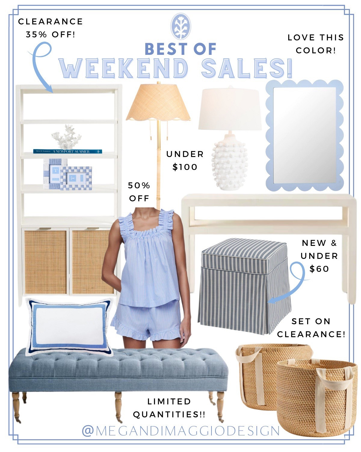 Blue and white coastal home decor picks on major sale up to 50% OFF this weekend!! 🙌🏻 several new clearance finds like this came bookcase, these woven baskets, and these blue and white stripe ruffle pajamas are 50% OFF! And this new striped ottoman is somehow only $60 🤯

#LTKFindsUnder100 #LTKSpringSale #LTKHome