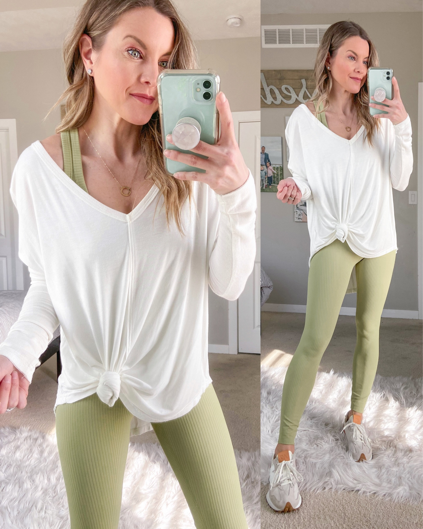 Matching Ribbed set in spring colors + neutrals. Ribbed athletic sports bra too + ribbed leggings. Paired with an oversized v-neck long-sleeve tunic (Free People, from a few years back)

#hocautumn Light Olive

#LTKstyletip #LTKfit #LTKunder50