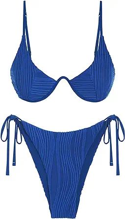 ZAFUL Women's Bikini Sets Ribbed Two Piece Swimsuits Underwire Adjustable Back Clasp Bathing Suit... | Amazon (US)