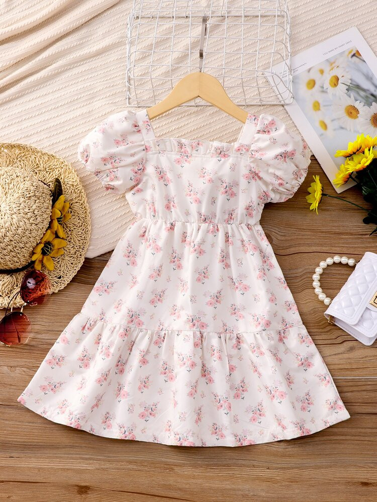 Toddler Girls Floral Print Puff Sleeve Ruffle Hem Dress | SHEIN