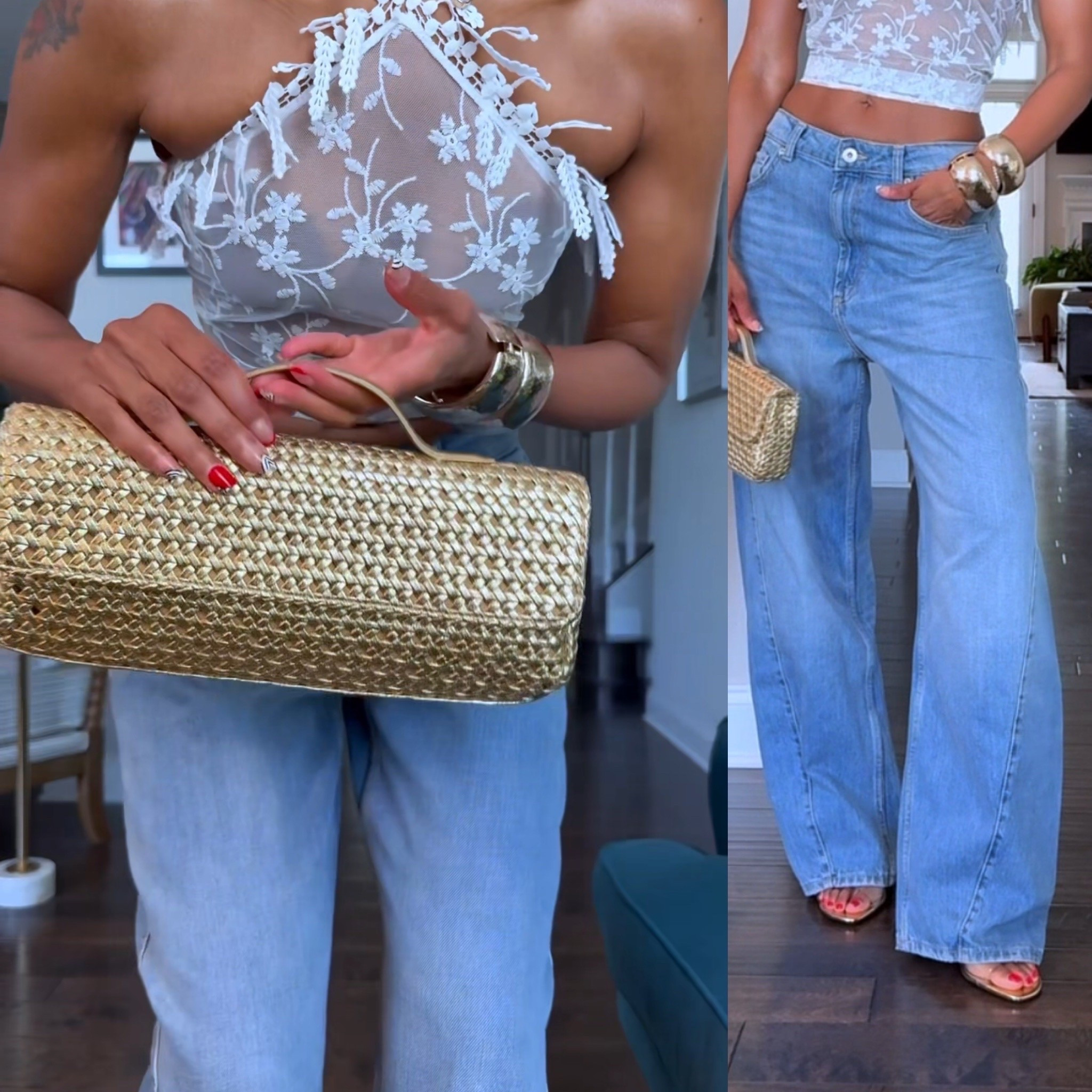 A lace top, jeans and gold accents for the Win! It’s my fave look! In this case I’ve paired a lace sarong and a collar necklace to make a top 😜 so easy and affordable way to tryout a trend!