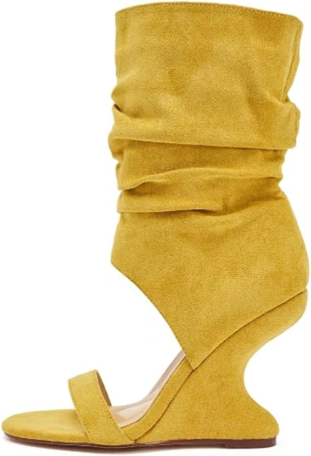 Women's Slouchy Mid Calf Wedge Boots Open Toe Faux Suede High Heels Side Zipper Booties Curved He... | Amazon (US)