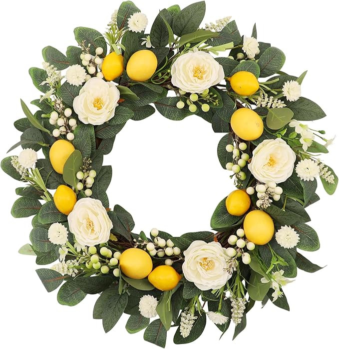 22 Inch Lemon Floral Wreath with White Peonies and Eucalyptus Leaves, Summer Front Door Wreath, F... | Amazon (US)