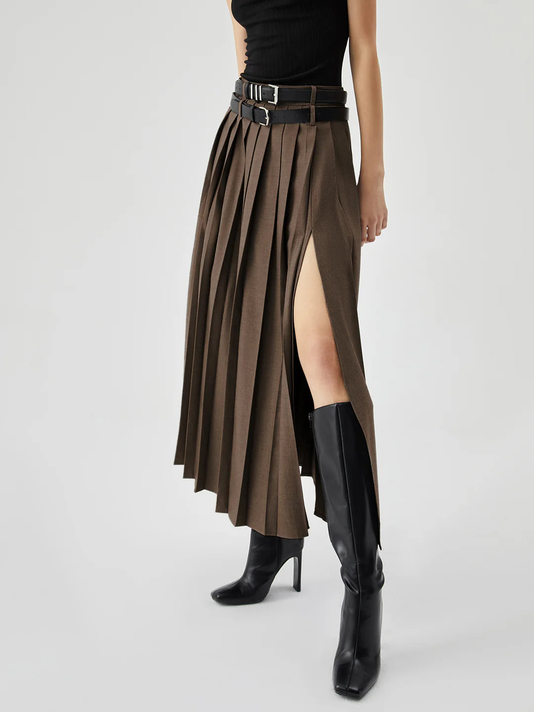 Pleated Split Maxi Skirt Without Belt | Commense