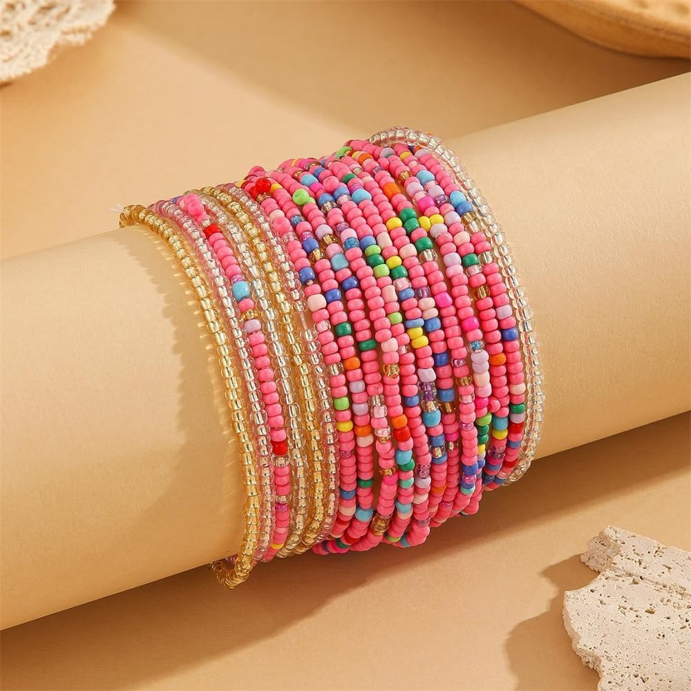 18Pcs Boho Stackable Beaded Bracelets for Women Colorful Handmade Multilayered Rice Beads Anklets... | Amazon (US)