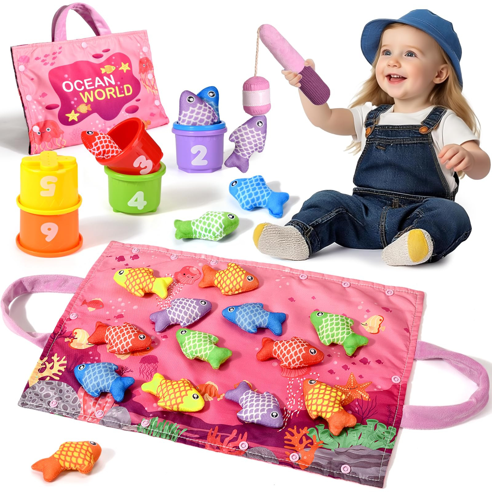 Montessori Toys for 1 Year Old - 20PCS Cloth Toddler Pink Fishing Game with Stacking Cups,Baby Co... | Amazon (US)