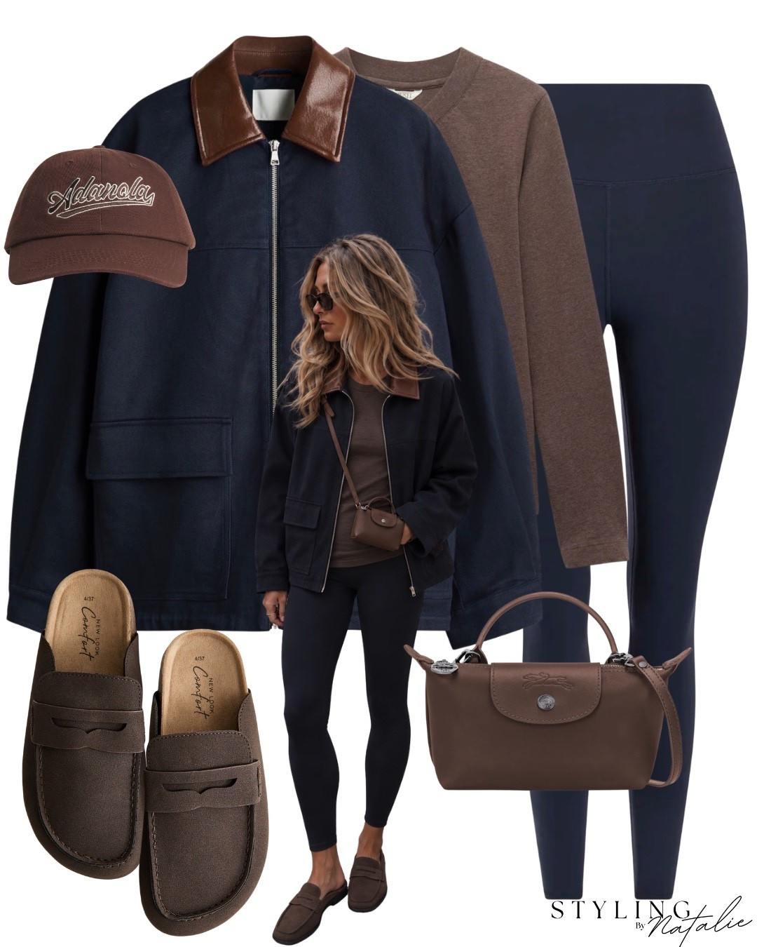 Barn jacket and navy leggings, brown mules, cross body Longchamp bag brown knit jumper. Autumn, fall, parka, outerwear, high street,  casual wear

#LTKuk #LTKautumn #LTKeurope