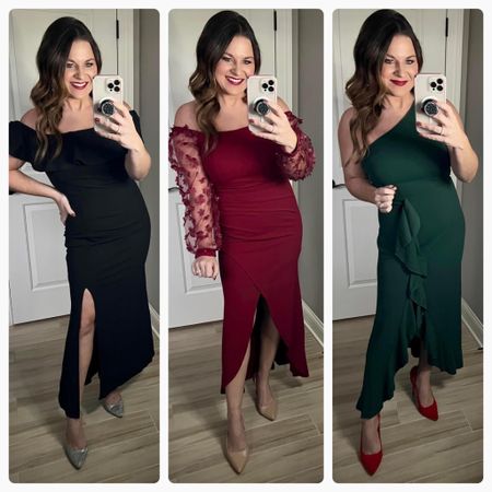 Looking for a special occasion dress for this winter? All three of these have coupons today! 
Im wearing a medium in all of them and I’m 5’3” 
All come in additional colors!!

#LTKSeasonal #LTKwedding #LTKstyletip