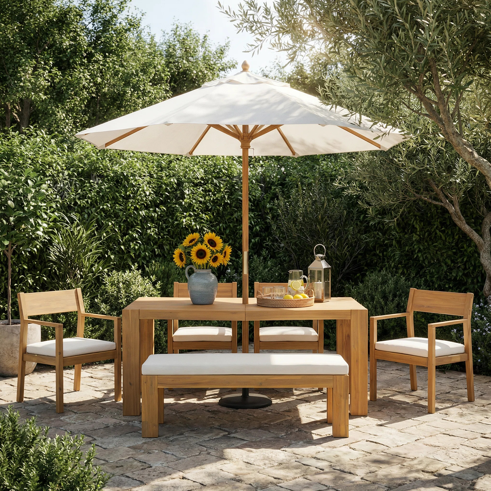 Keaton  6-Piece Rustic Patio Dining Set with Acacia Wood Table and Weather-Resistant Cushions | Wayfair North America