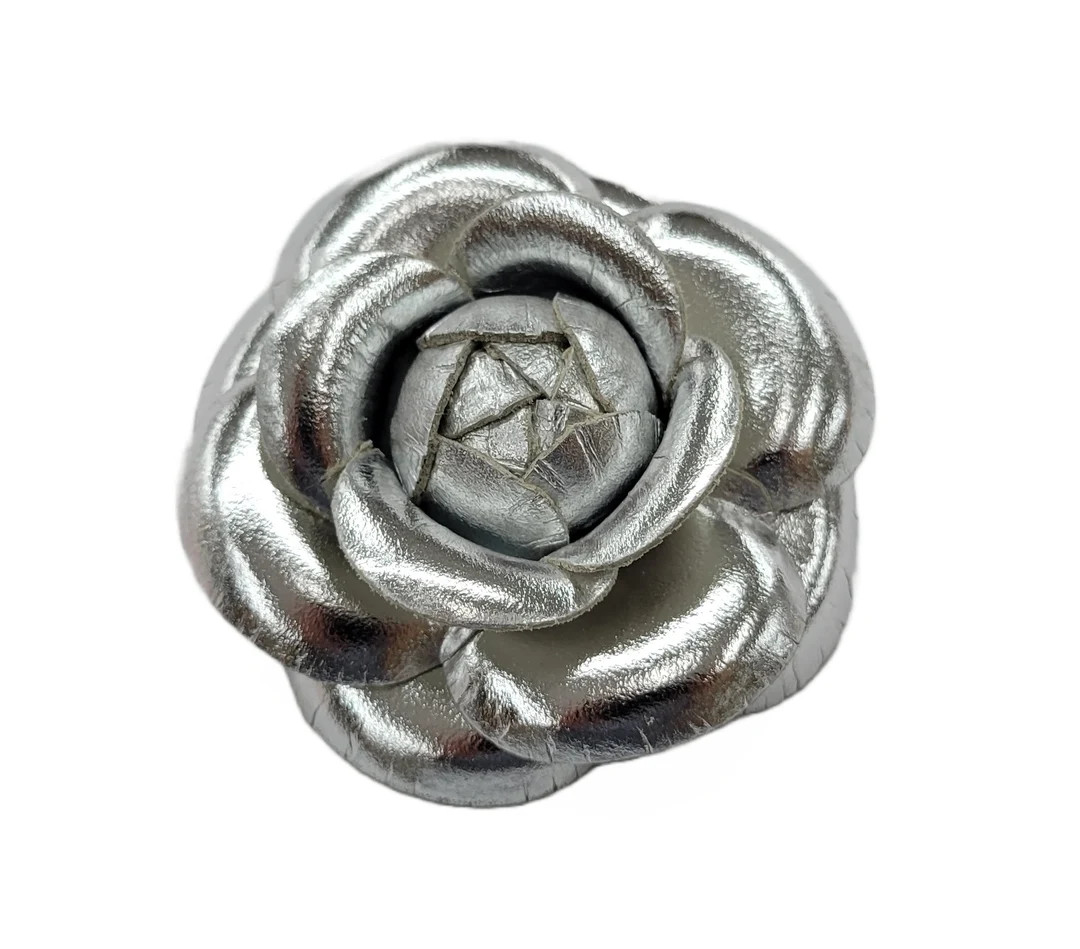 M&S Schmalberg 3" Silver Leather Metallic Camellia Flower Brooch Pin Genuine Real Leather Made in... | Etsy (US)
