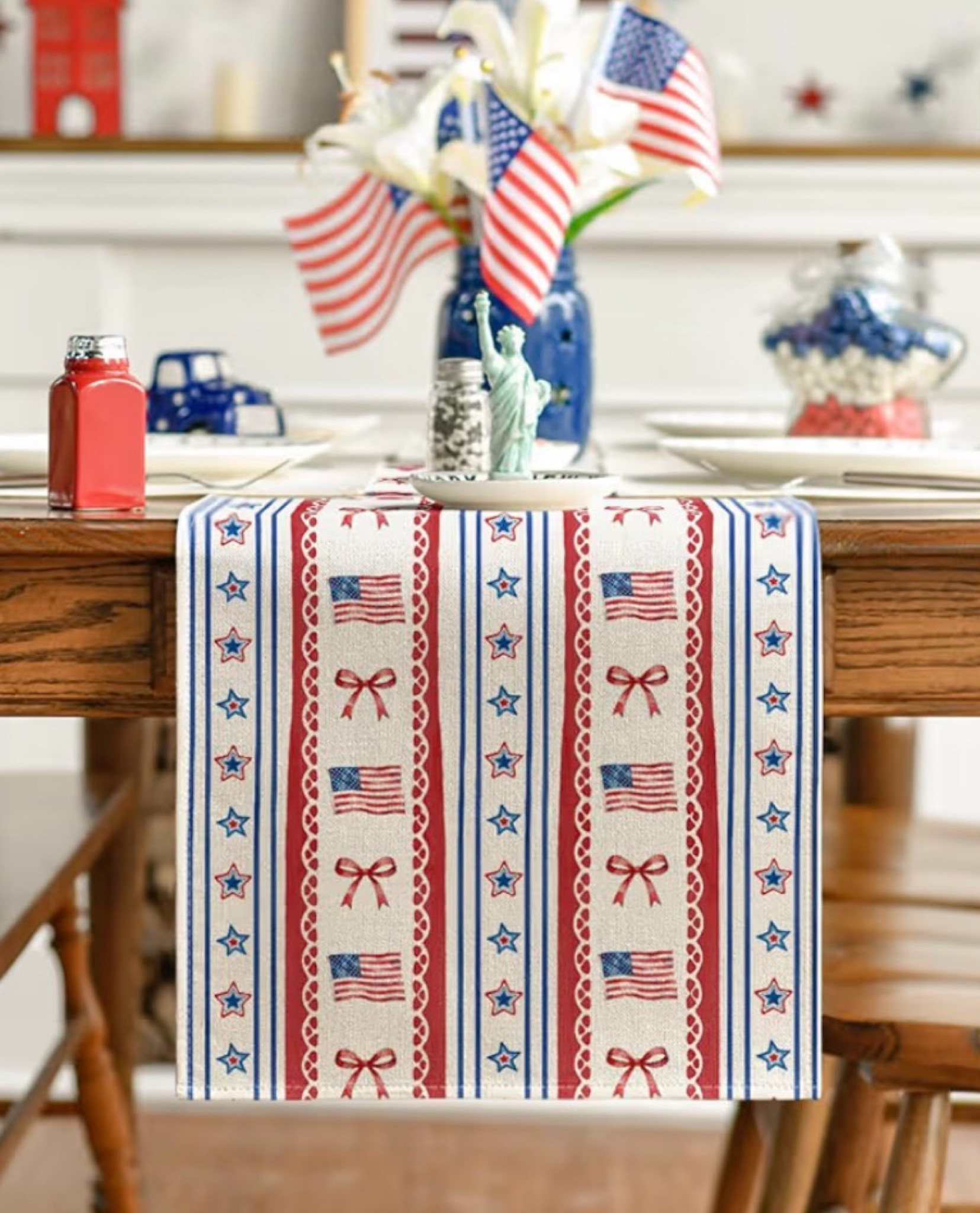 Patriotic Table Runner 🇺🇸 Red White Blue Dining Table Styling for Summer Hosting


Such a fun and classic patriotic table moment 🇺🇸❤️ This red, white, and blue table runner instantly elevates your dining table for summer entertaining—perfect for Memorial Day, Fourth of July, and everything in between. The flag + bow detail gives it that charming, preppy feel while still being easy to style with everyday dishes and simple centerpieces ✨

I love layering this on a wood table or over a crisp white tablecloth for a polished look. It’s lightweight, durable, and machine washable—so it’s as practical as it is festive for hosting all season long 🍽️

patriotic table runner, 4th of July decor, Memorial Day table decor, red white blue decor, summer tablescape, American flag decor, preppy home decor, festive dining table, holiday hosting ideas, Amazon home finds, July 4th decorations, patriotic entertaining

#LTKmomlife #LTKSeasonal #LTKHome