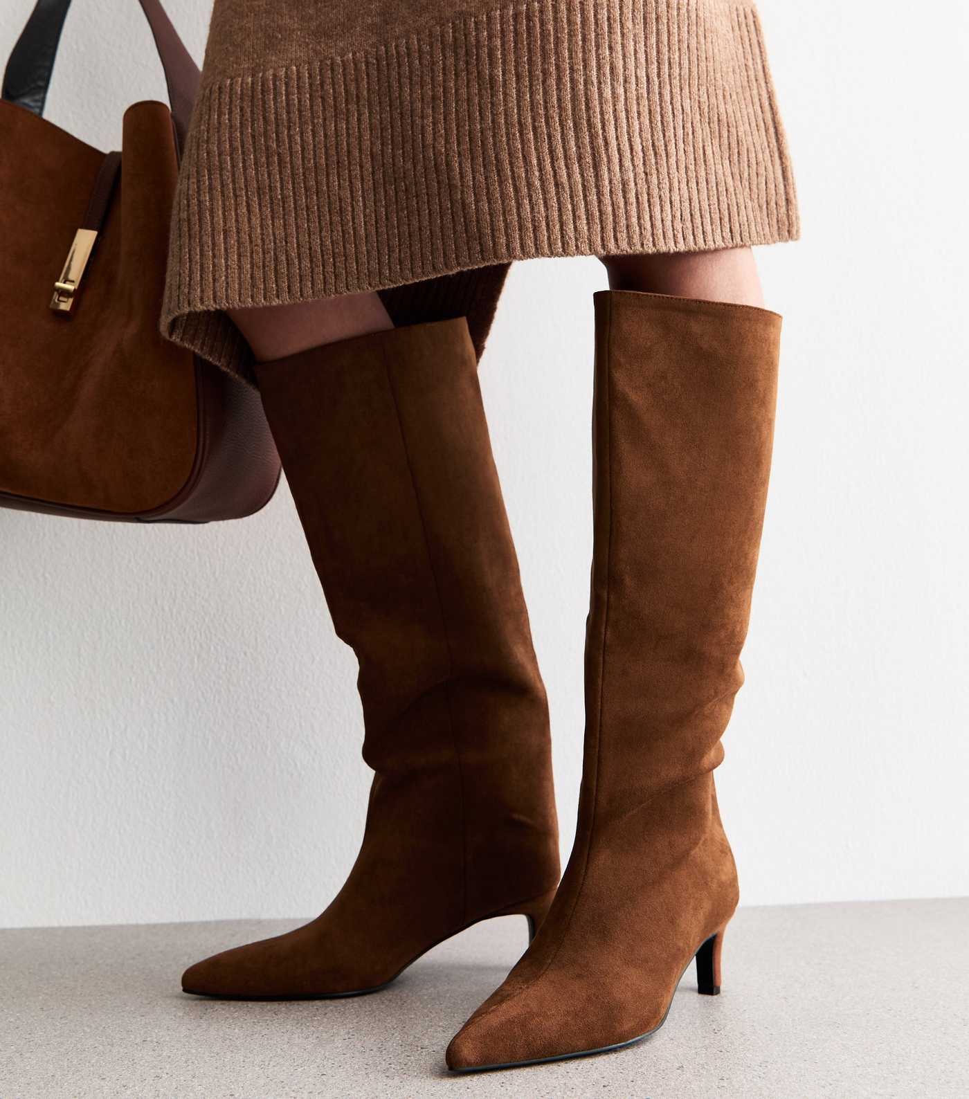 Rust Faux Suede Low Stiletto Heel Knee High Boots | New Look | New Look (UK)
