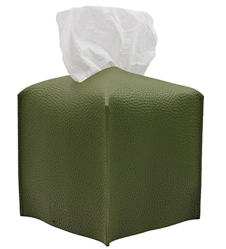 Livelab Tissue Box Cover, Square Decorative PU Leather Tissue Box Holder Modern Tissue Case Facial Paper Organizer Dispenser for Bathroom, Vanity Countertop, Night Stands, Desk 5X5X5'' | Olive Green | Amazon (US)