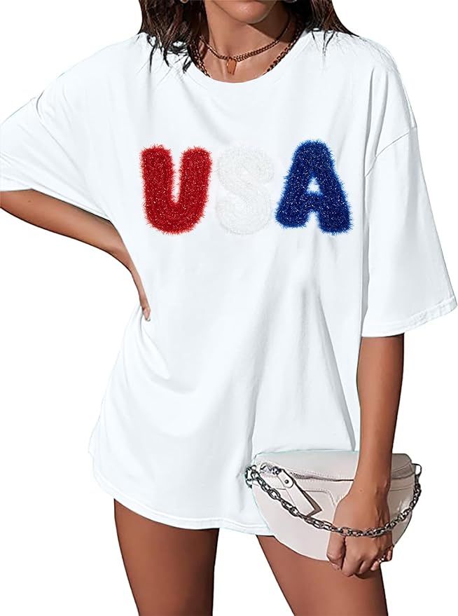 Oversized USA Shirt Women USA Flag T-Shirt Patriotic Shirt American Proud Tee 4th of July Short S... | Amazon (US)