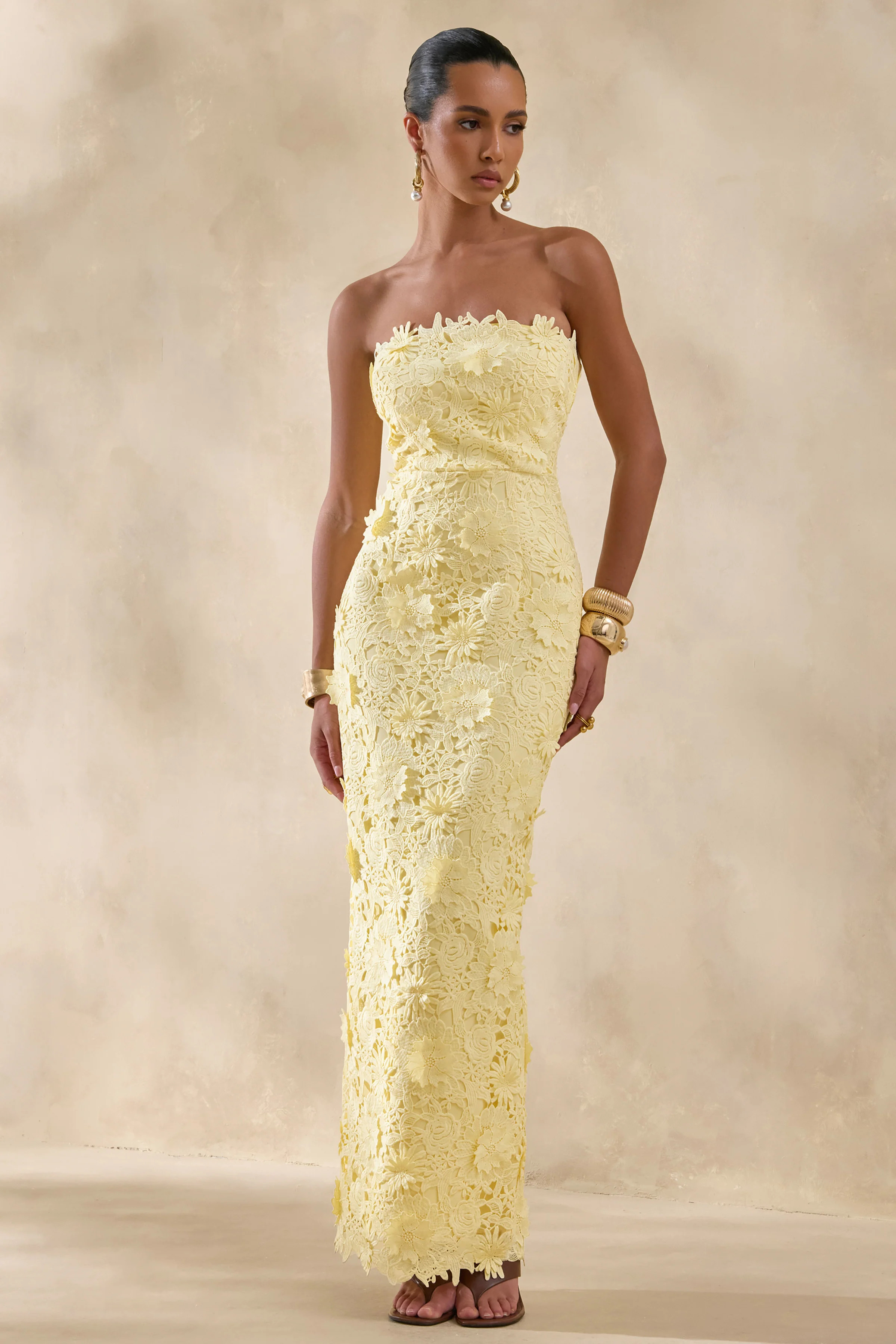 Gracie | Lemon Lace Bandeau Maxi Dress | Club L London