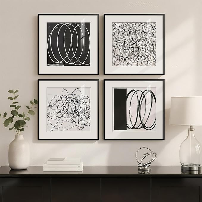 Framed Modern Abstract Wall Art, Set of 4 Minimalist Canvas Pictures Prints with Mat, Black and W... | Amazon (US)