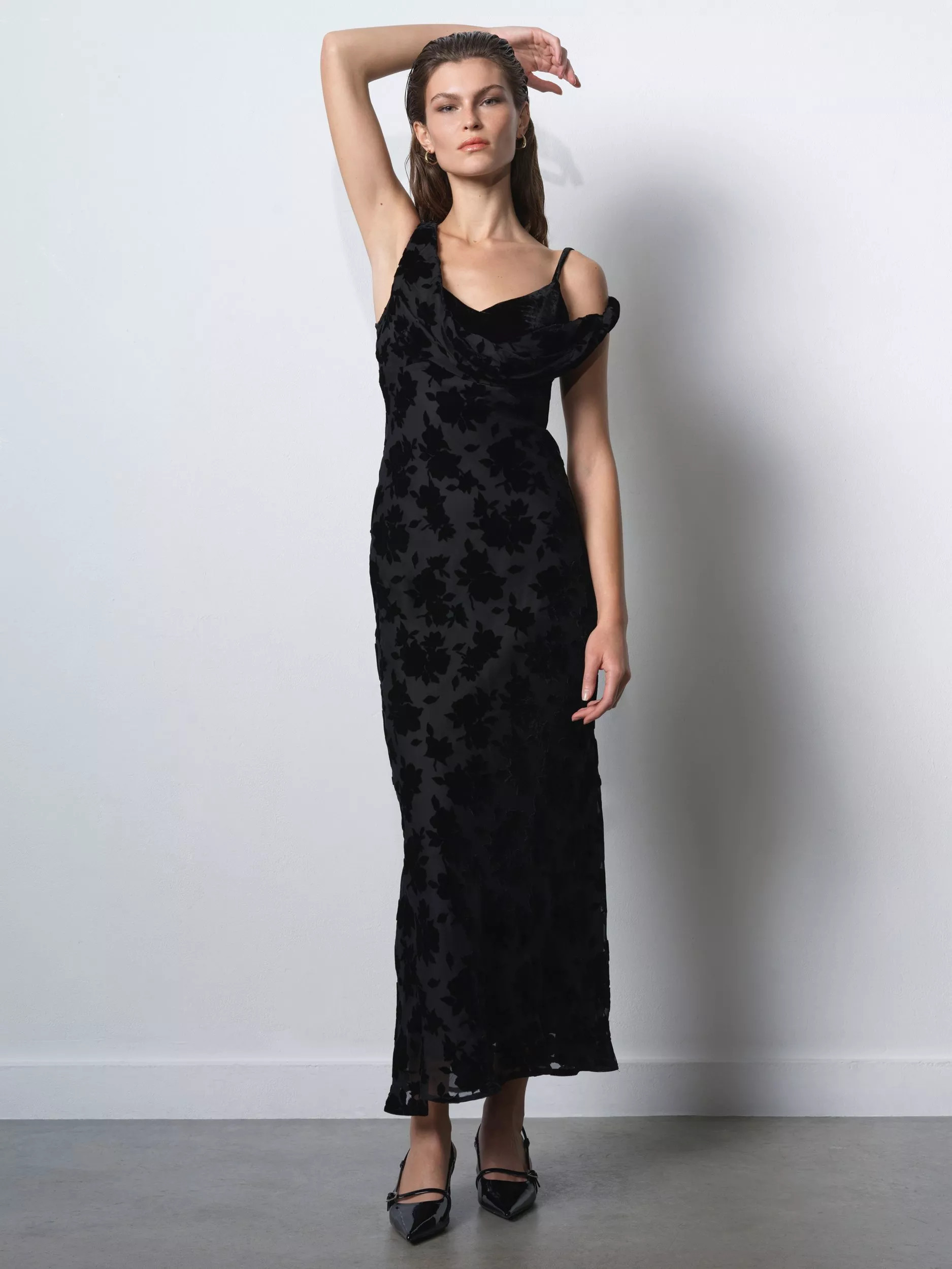 French Connection Kara Devore Twisted Floral Midi Dress, Blackout | John Lewis (UK)