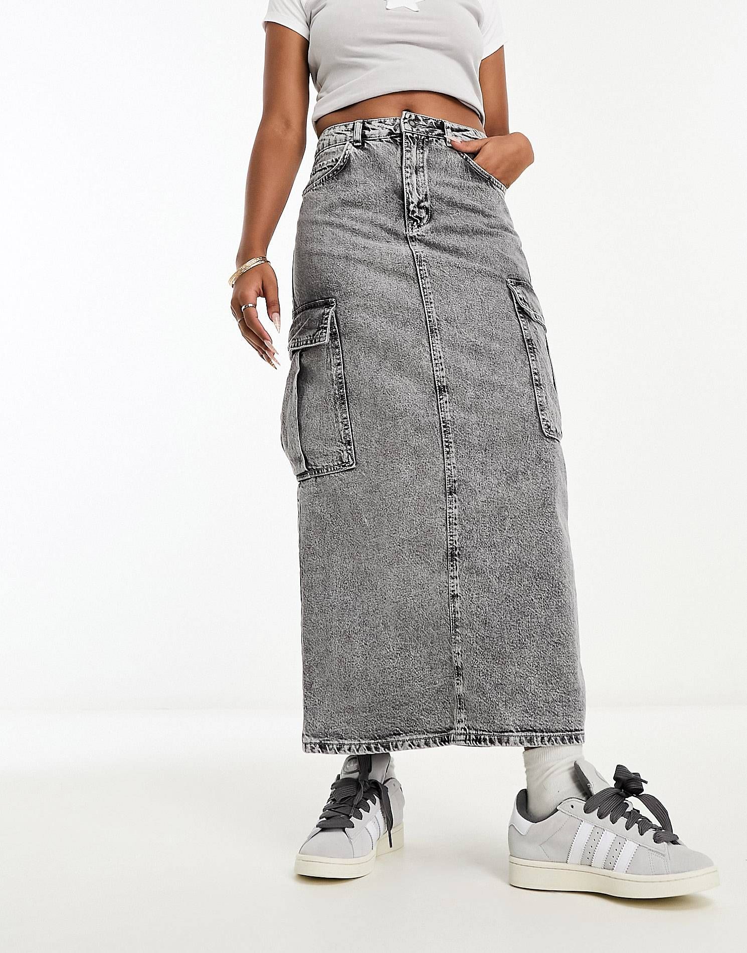 Stradivarius STR denim cargo maxi skirt in washed gray | ASOS (Global)