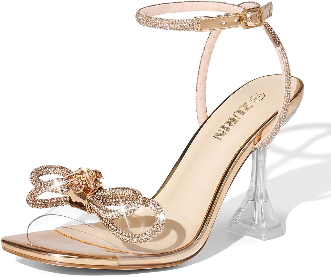 ZURIN Women's Bow Rhinestone Heels Clear Heeled Sandals Prom Crystal Shoes | Amazon (US)