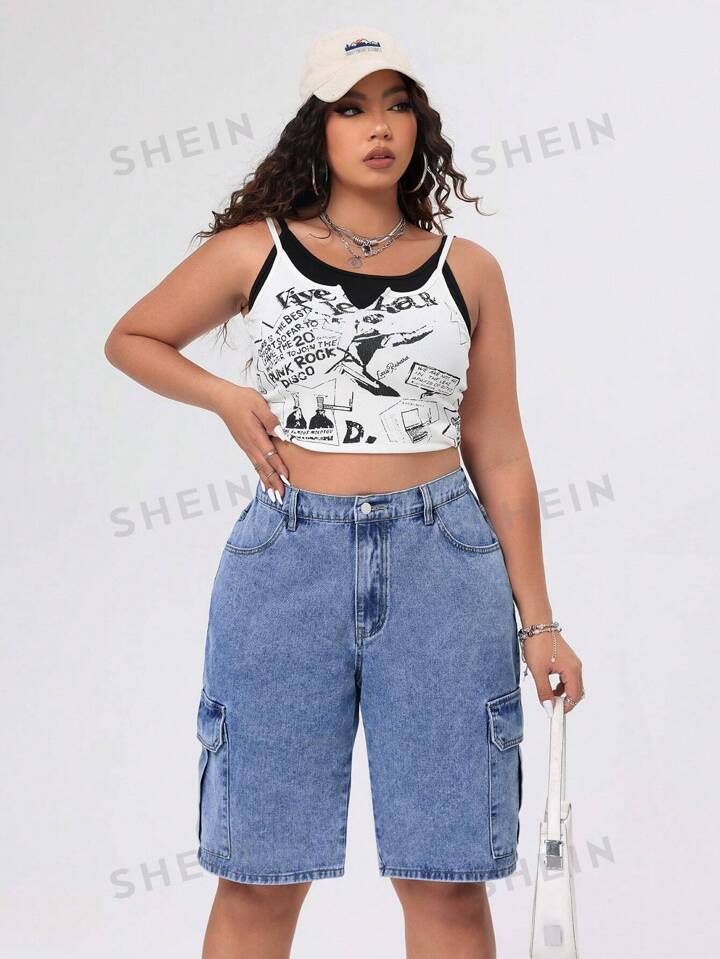 SHEIN ICON Loose Fit Plus Size Cargo Denim Shorts | SHEIN