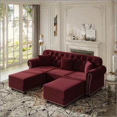 Upholstered Velvet Sofa With Nailhead Trim And Rolled Armrests,Mid-Century Modern Chesterfield Sofa With Button Tufted,Includes 3 Pillows | Wayfair North America