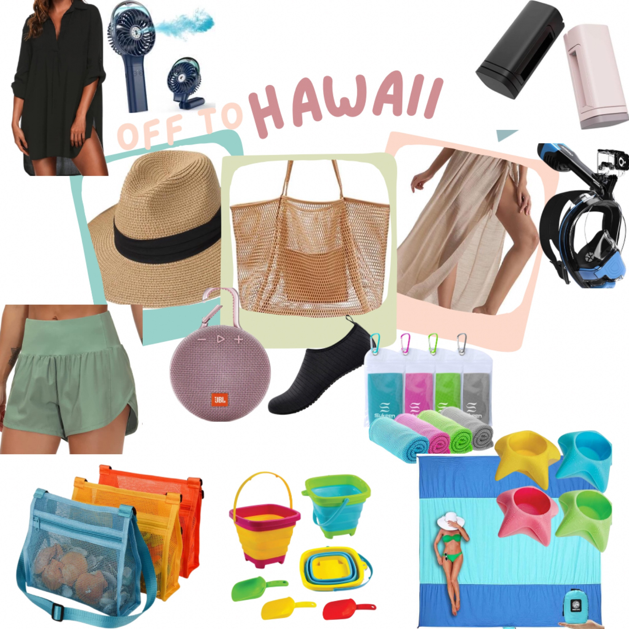 Beach trip travel finds! Easy to pack, foldable, roll up sun hat, collapsible sand toys, swimsuit coverup, beach bag, waterproof beach towel, snorkel mask with camera holder for go pro, sarong, water shoes, cup holders for sand, portable blue tooth speaker, cooling towels for hiking, misting fan to stay cool in Hawaii or any beach

#LTKkids #LTKtravel #LTKSeasonal