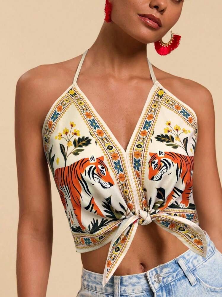 Travachic Summer Woven Tiger Print Tie Backless Halter Top , Vacation Woman | SHEIN